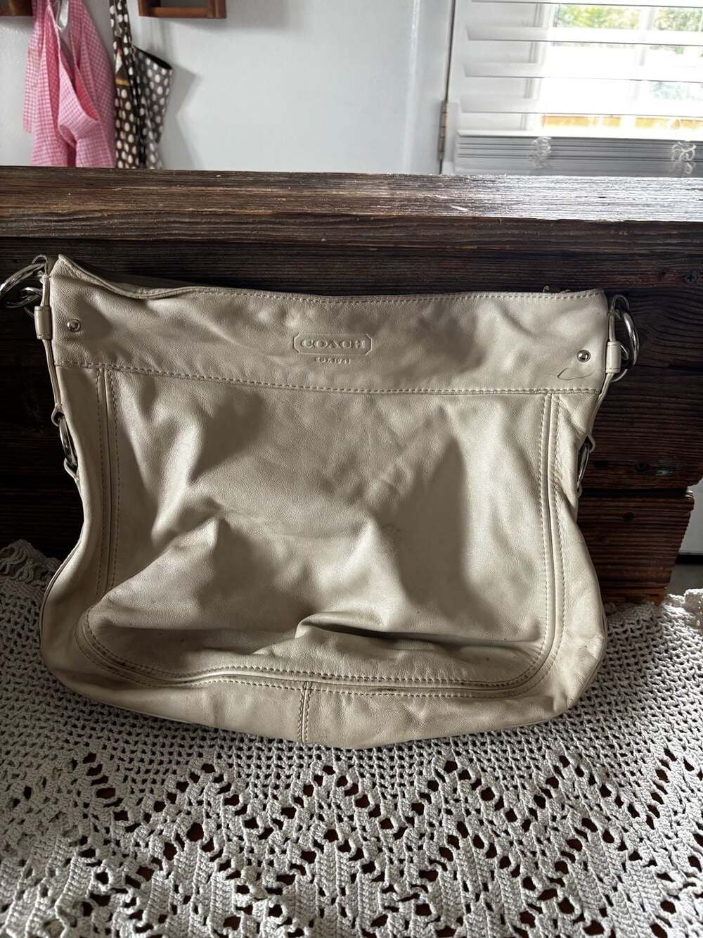 Coach Off White Leather Hobo Satchel Shoulder Bag with Pink Interior